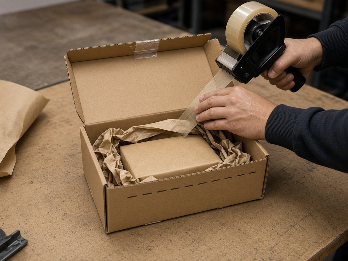 Versandkartons, Klebeband und Waage auf einem Packtisch