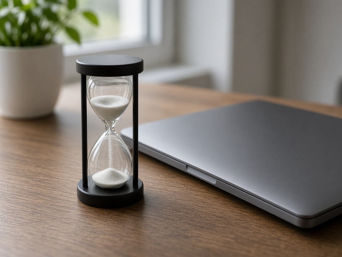 Sanduhr neben einem Laptop mit unscharfem CMS-Backend