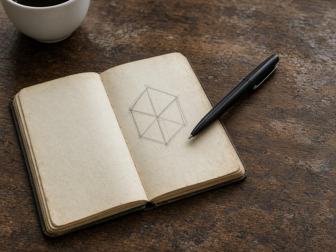 Notizbuch mit Wireframe-Skizze und Stift auf einem Tisch