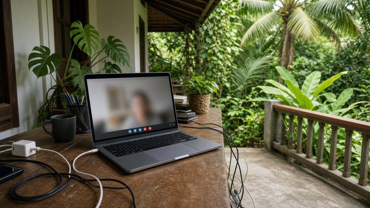 Arbeitsplatz mit Pflanzen und Laptop, Bildschirm unscharf — keine echten Kundendaten