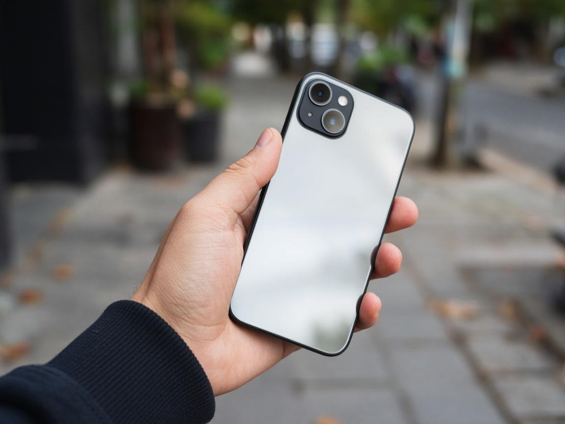 Smartphone in der Hand im Außenbereich, Display ohne lesbare App-Inhalte