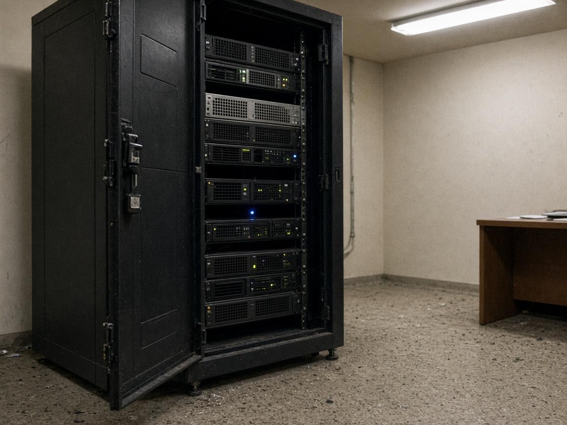 Offener Serverschrank mit Status-LEDs in einem kleinen Technikraum