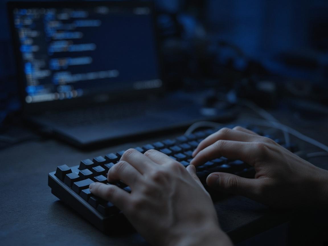 Hände an einer Tastatur bei Monitorlicht, ohne lesbare Bildschirminhalte