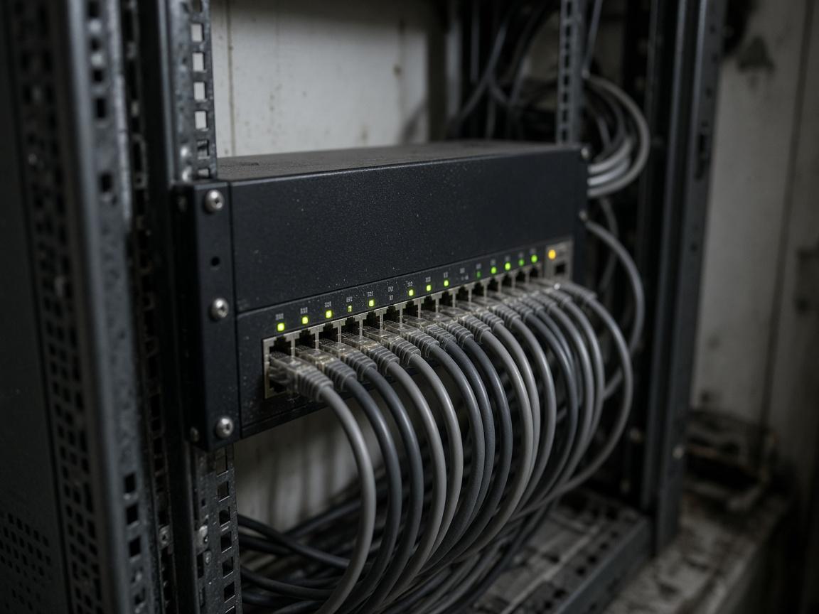 Netzwerk-Switch und Ethernet-Kabel in einem kleinen Technikraum