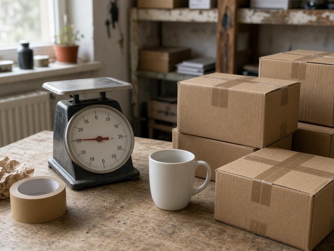 Versandkartons, Klebeband und Waage auf einem Packtisch