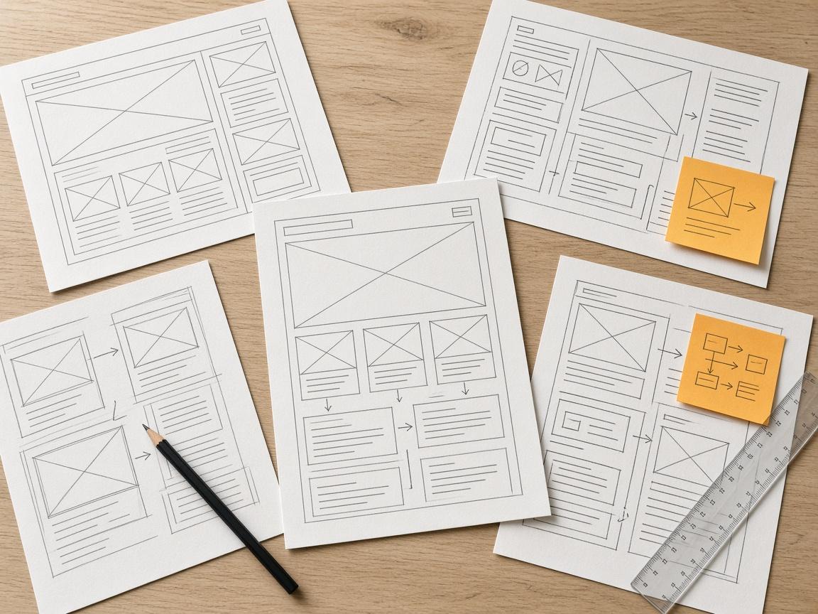 Papier-Wireframes und Skizzen auf einem Holztisch