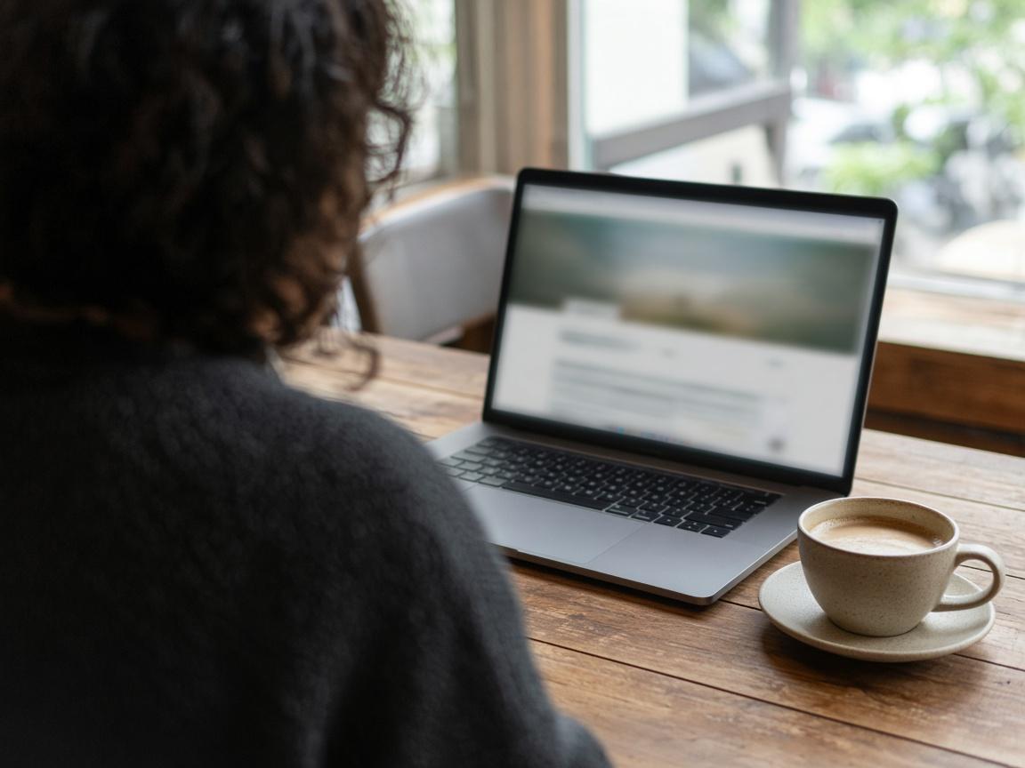 Redaktion an einem Laptop in einem Café, Bildschirm unscharf